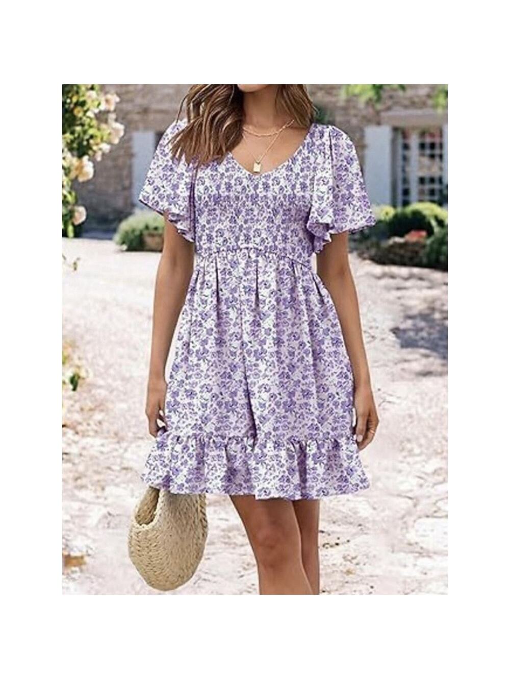 Floral Dress XL NWT Purple Blue Print Smocked Bodice Short Sleeve Summer Casual